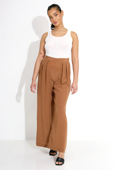 SILK WIDE LEG TROUSERS - Brun