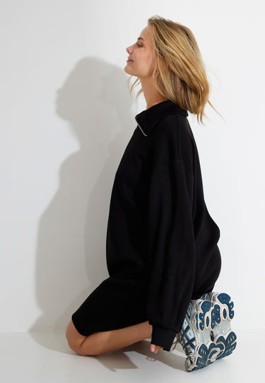 ZIP SWEAT DRESS - Black