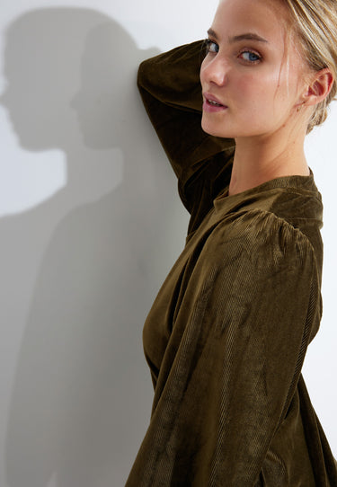 TOP PUFF SLEEVE VELVET SWEATER - Dark army