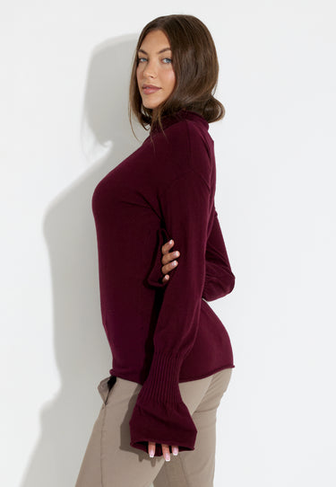 SLEEVE RIB KNIT POLO SHIRT - Wine Red